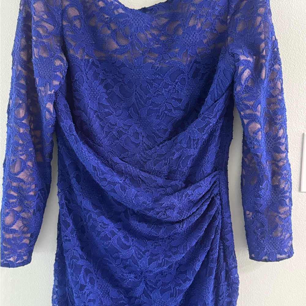 Royal Blue Floral Lace Sheath Dress Size 14 P Lauren Ralph - Picture 2 of 9